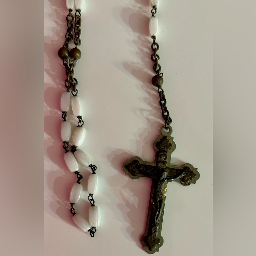 Beautiful vintage Italian elongated milk glass beaded rosary marked ITALY